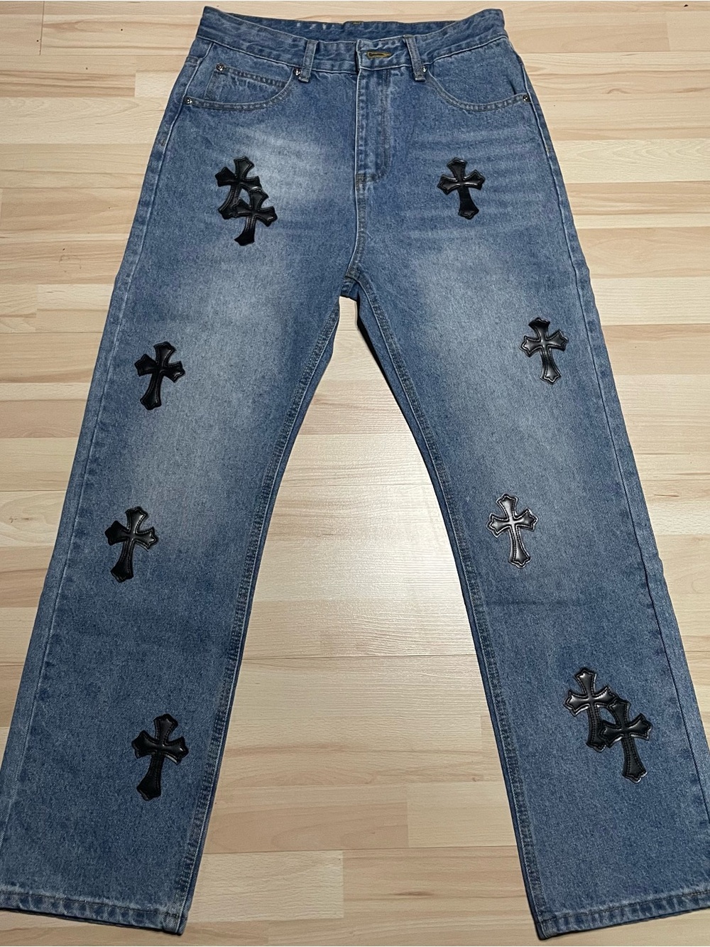 Men's Straight Blue Denim Jeans with Black Cross Appliqués